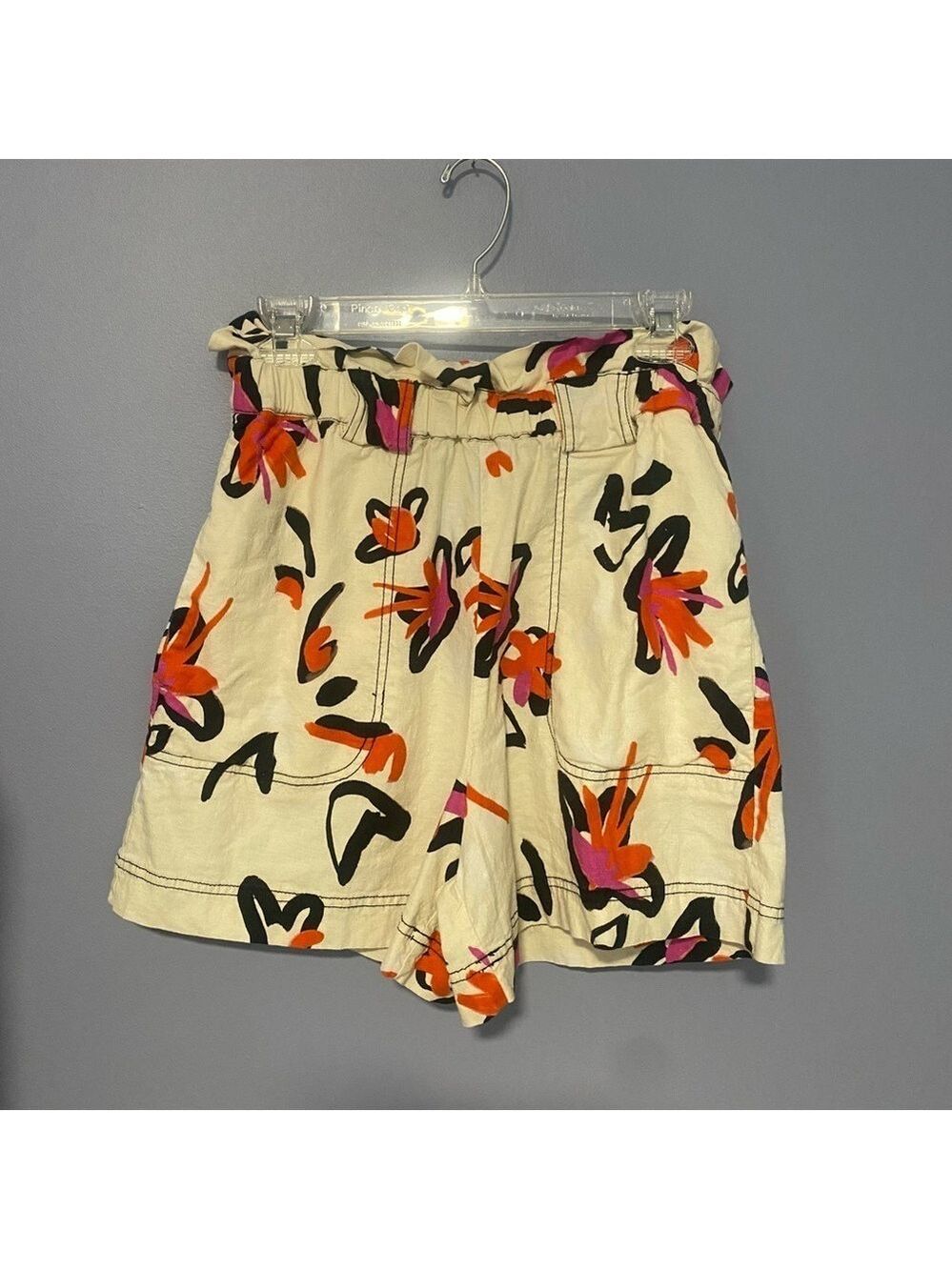 Tanya Taylor High Waist Floral Linen Shorts Orange Pink Black Women’s Size 8 - Picture 2 of 13
